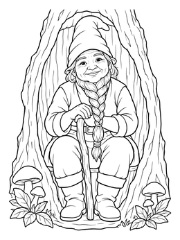 A friendly woodland gnome coloring page showing an elder sitting inside a hollow tree.