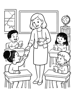 A smiling teacher hands voting slips to students in this election day coloring page.
