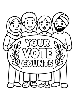 Free printable Diverse Voters With Vote Sign coloring page