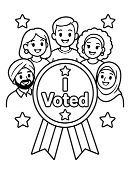 Free printable Diverse Voters With I Voted Badge coloring page