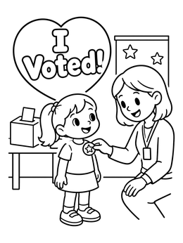 An election day coloring page showing a little girl getting a star sticker after voting.