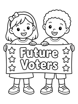 Two smiling children holding a sign in an election day coloring page.