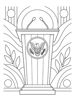 An election day coloring page depicting an official speaker podium with microphones and an eagle emblem.