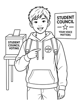 A smiling boy points to his I Voted badge in this election day coloring page next to a ballot box.