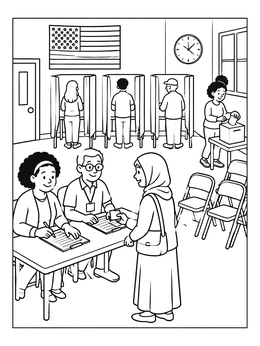 A bustling election day coloring page showing citizens checking in and casting their votes.