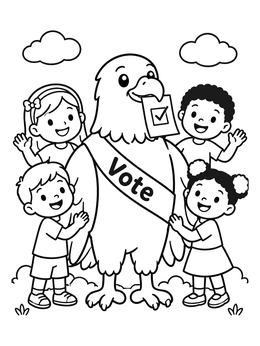 Children surround a friendly voting eagle in this election day coloring page.