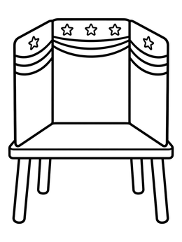 An election day coloring page showing a simple voting privacy booth on a small table.