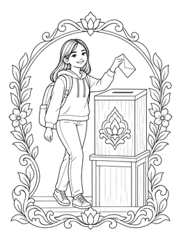 A smiling young woman casting her vote in an ornate election day coloring page frame.
