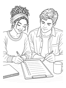 Two young adults reviewing a checklist on this election day coloring page.