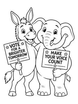 Donkey and elephant holding signs in this friendly election day coloring page.