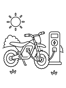 An electric trail bike coloring page plugged into a sunny outdoor charging station.