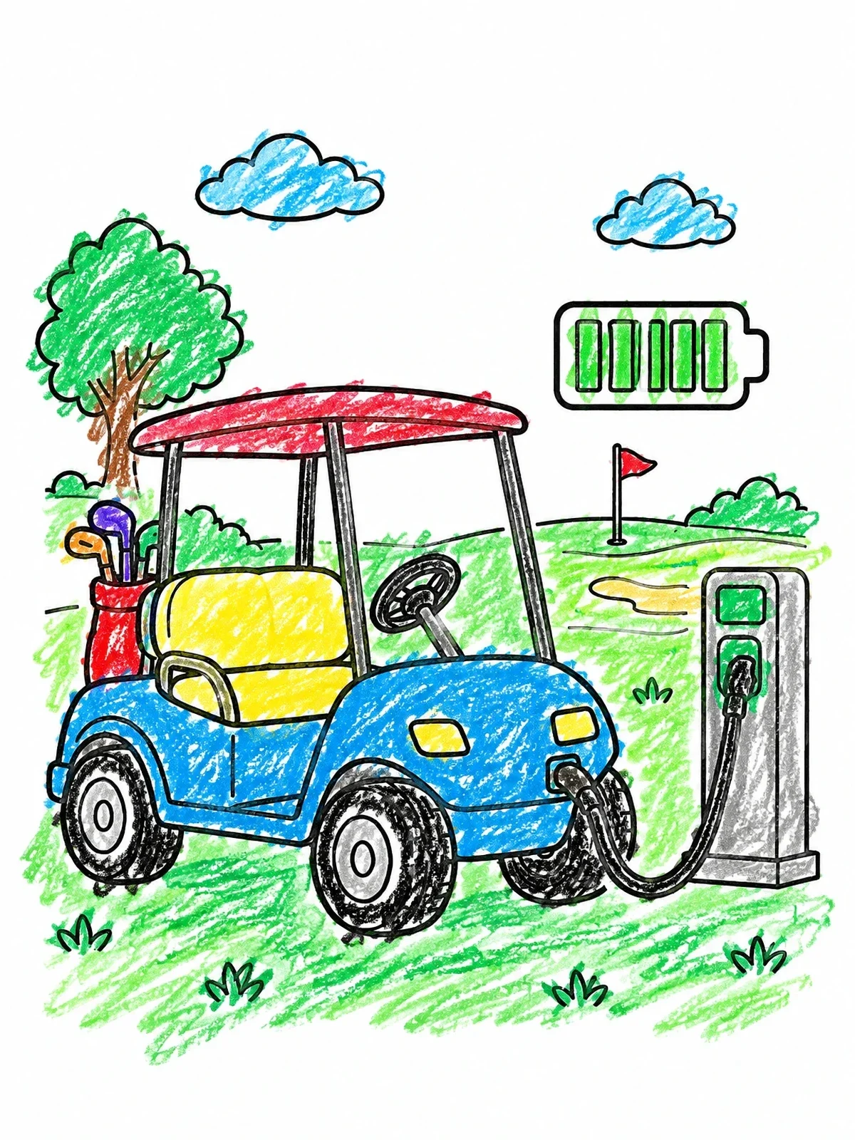 Colored example of the Golf Cart At Charging Station coloring page