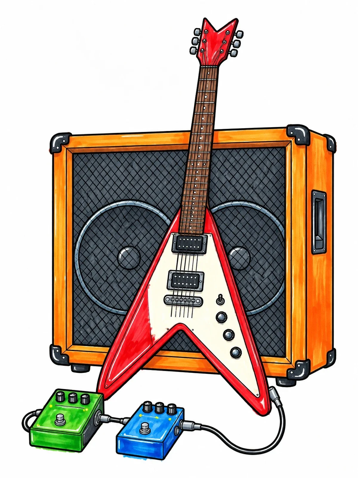 Colored example of the Electric Guitar With Amplifier And Pedals coloring page