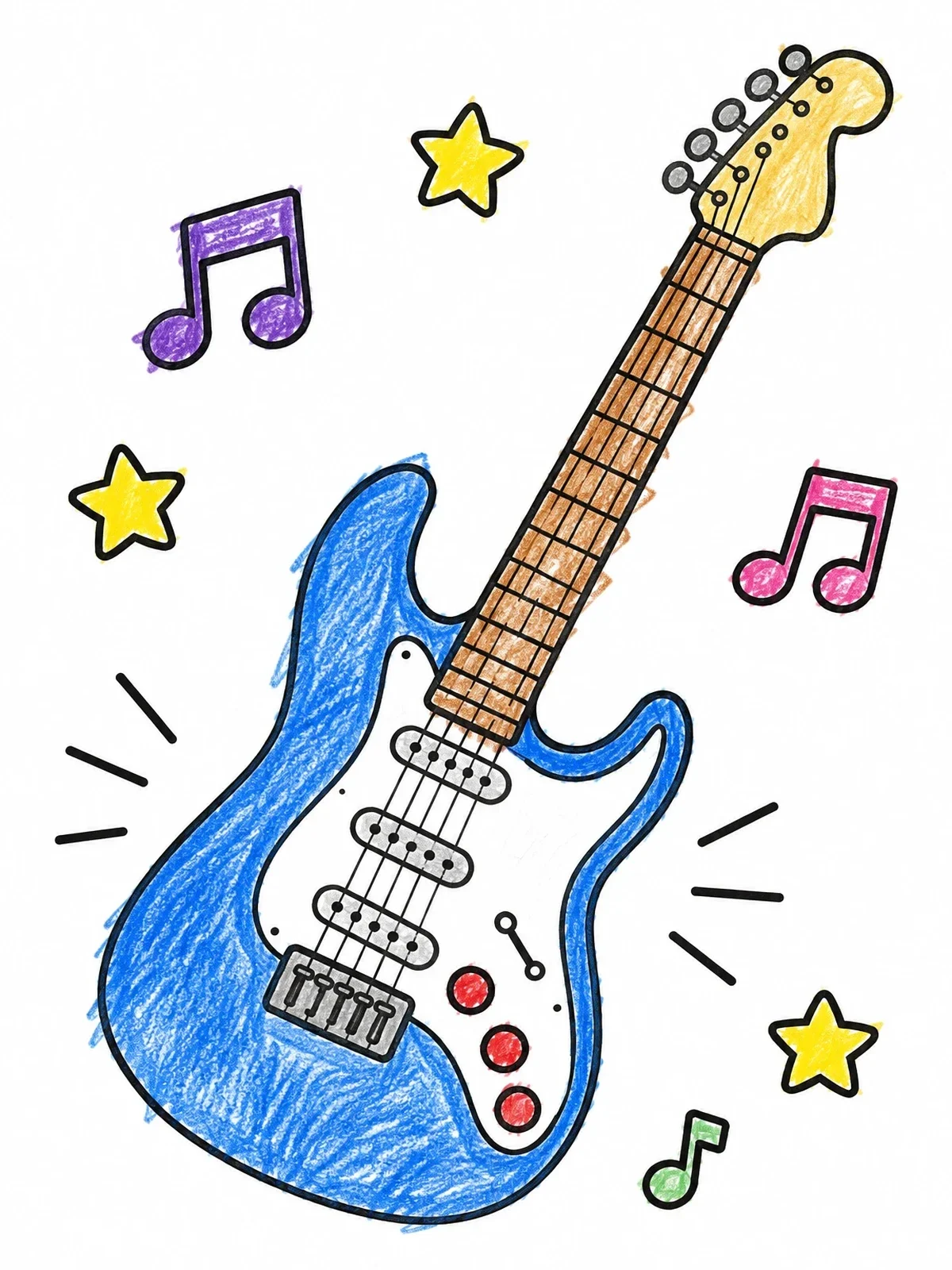 Colored example of the Electric Guitar With Musical Notes coloring page