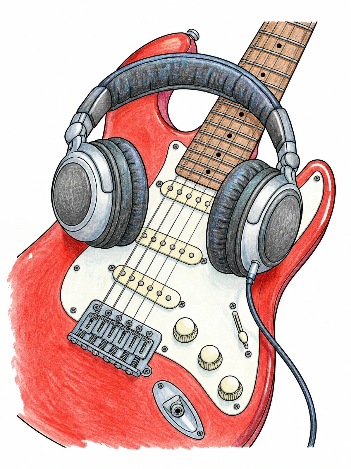 Colored example of the Electric Guitar With Studio Headphones coloring page