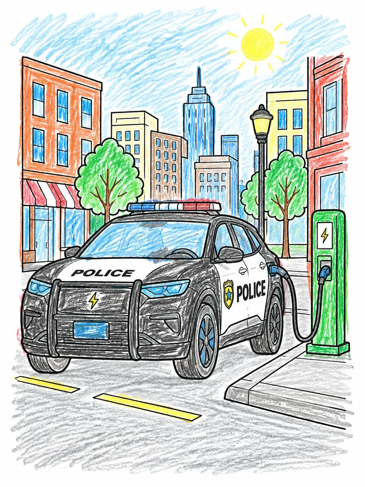Colored example of the Electric Police Car Charging Downtown coloring page