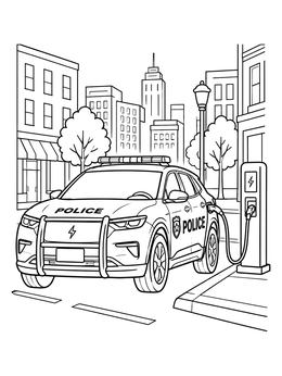 An electric cruiser charges on this detailed police coloring page set in a busy city.