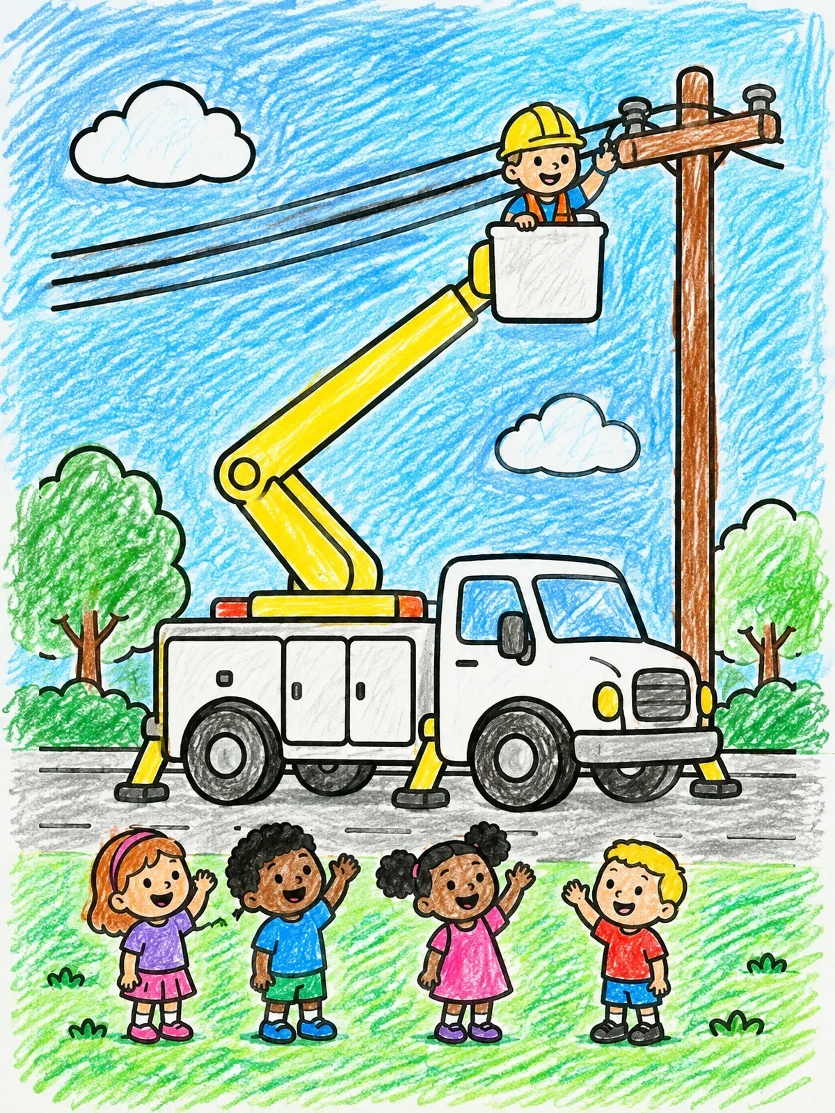 Colored example of the Electrician In Bucket Truck With Children coloring page