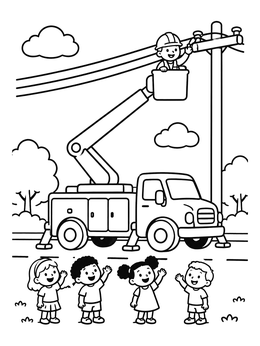 Free printable Electrician In Bucket Truck With Children coloring page