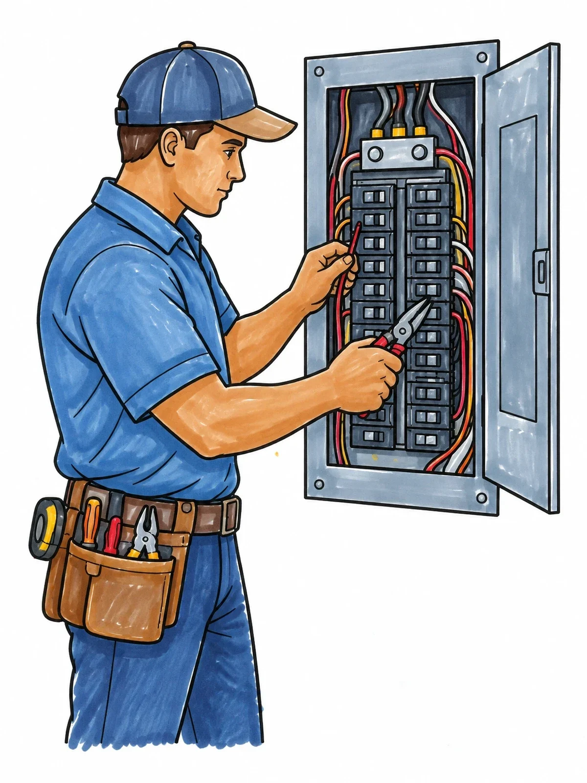 Colored example of the Electrician Repairing A Circuit Breaker Panel coloring page