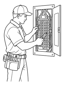 Free printable Electrician Repairing A Circuit Breaker Panel coloring page