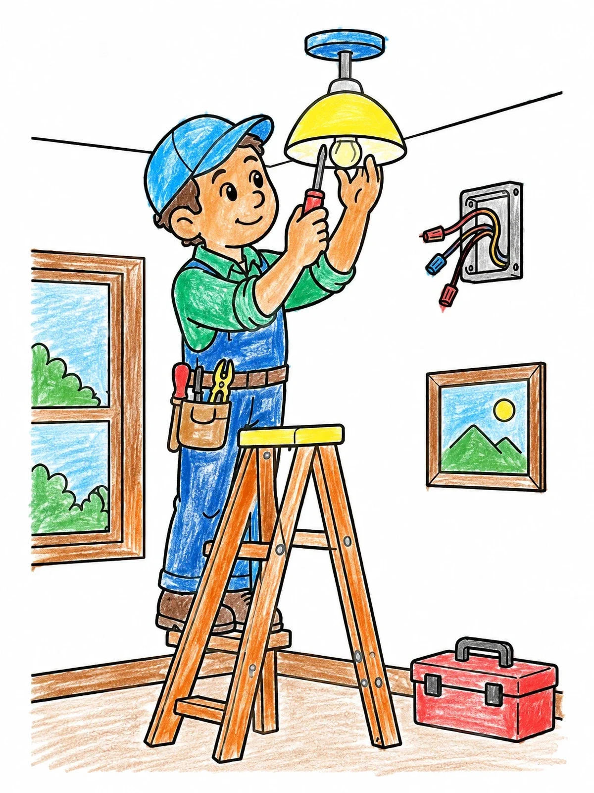 Colored example of the Electrician Fixing A Ceiling Lamp coloring page