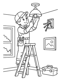 Free printable Electrician Fixing A Ceiling Lamp coloring page