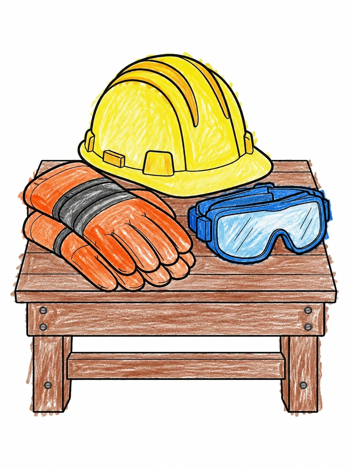 Colored example of the Hard Hat, Protective Gloves, And Safety Goggles coloring page