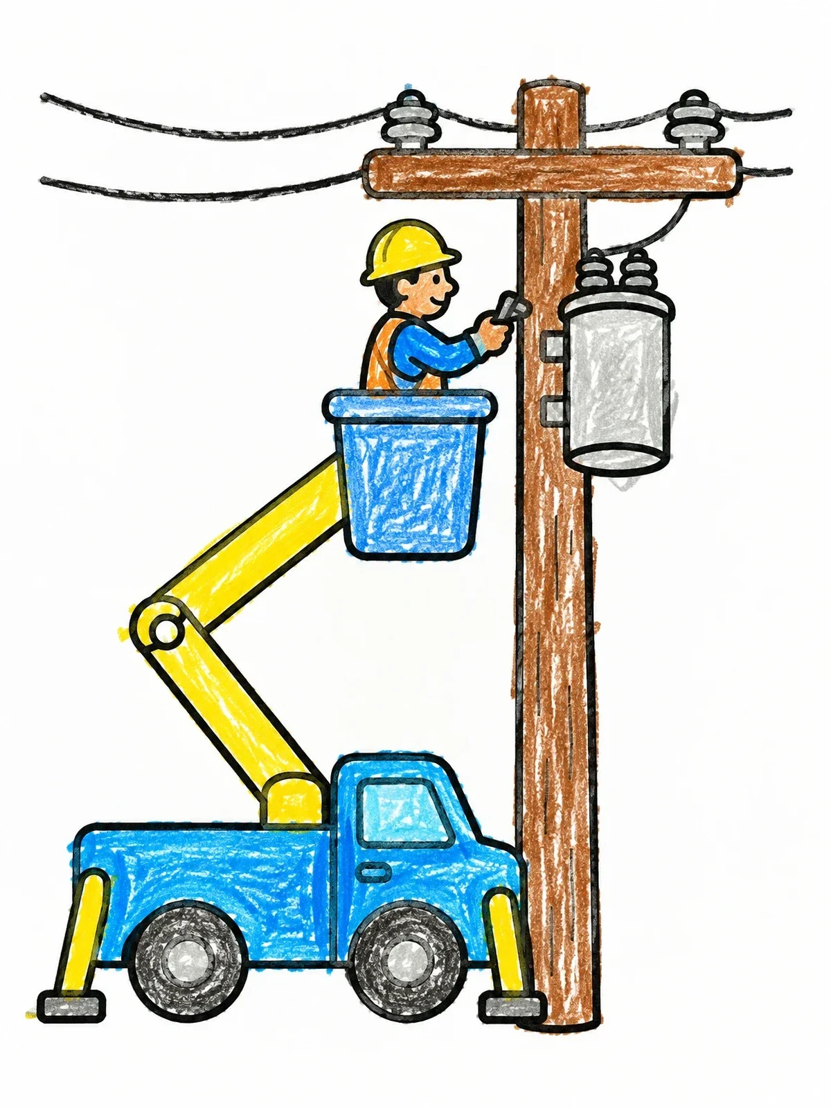 Colored example of the Lineworker In A Bucket Truck coloring page