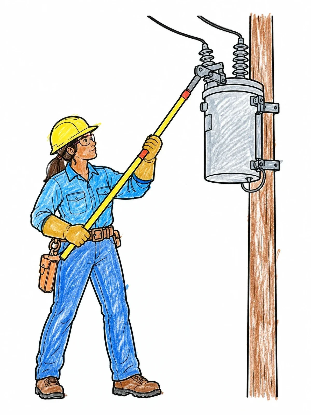 Colored example of the Lineworker Operating Outdoor Transformer coloring page