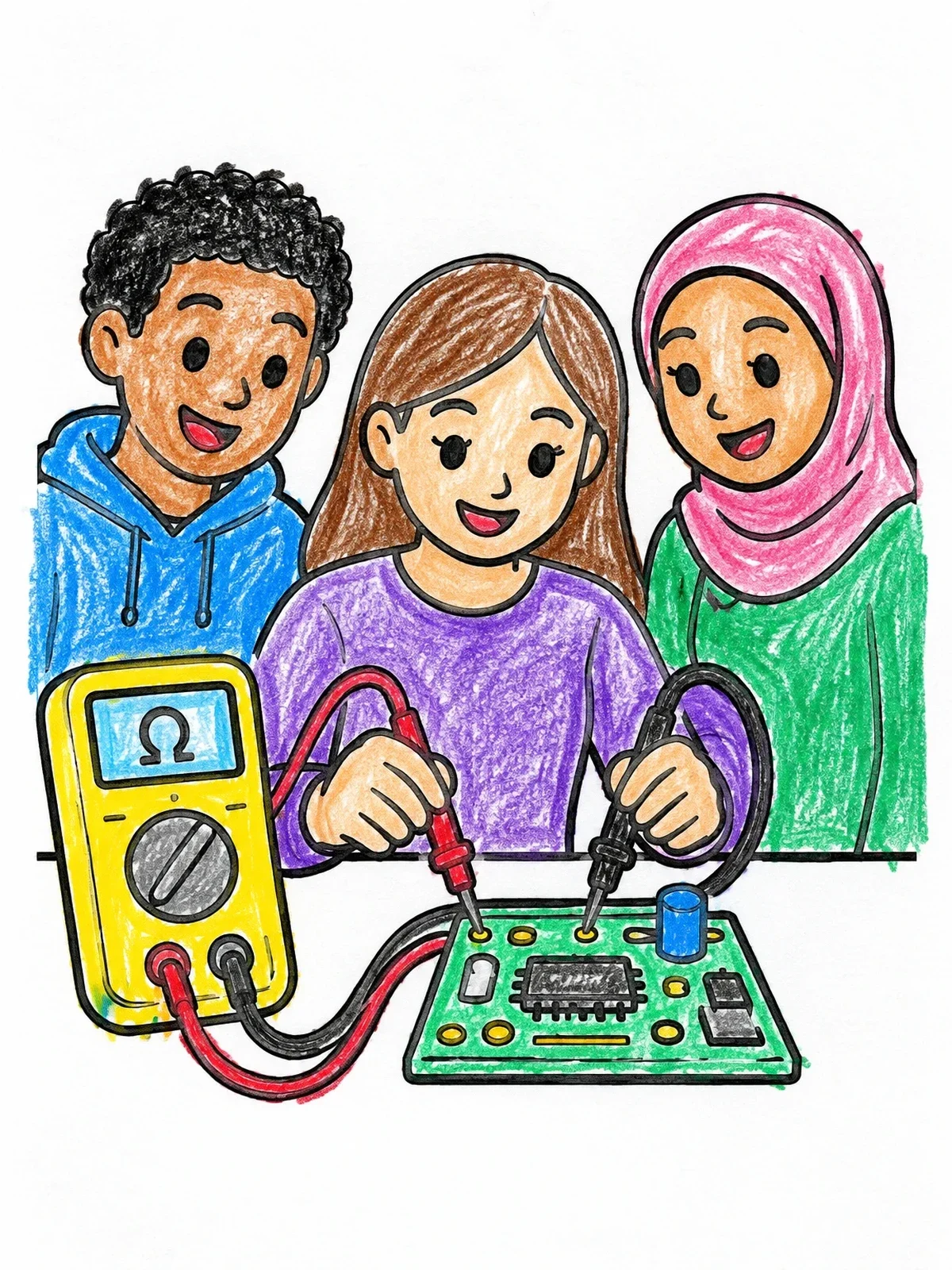Colored example of the Young Students Testing Circuit Board coloring page