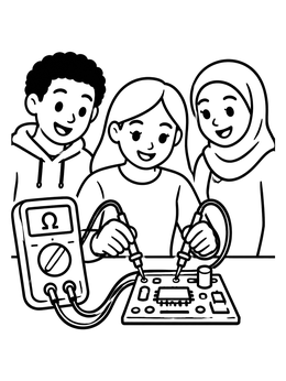 Free printable Young Students Testing Circuit Board coloring page