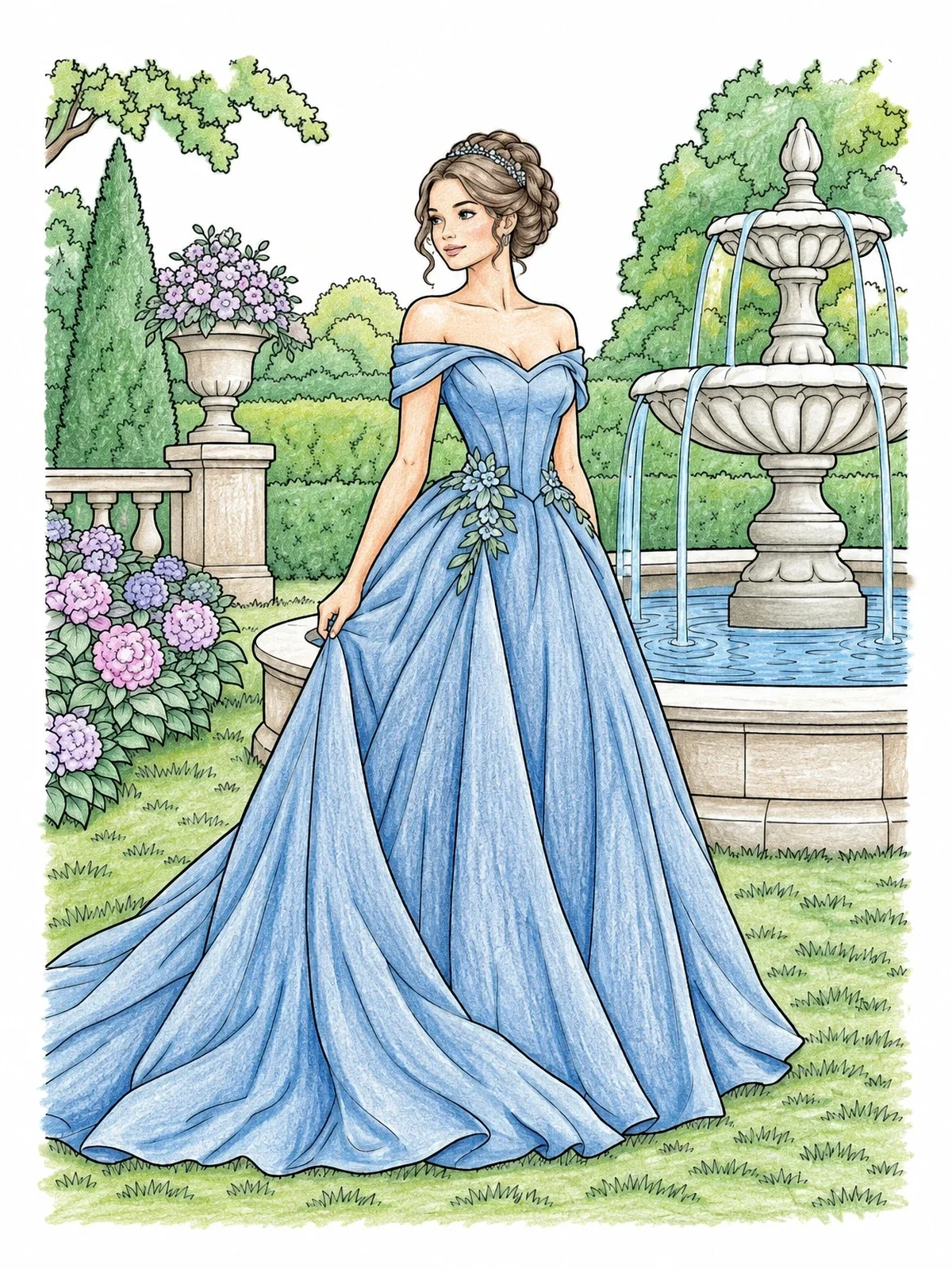 Colored example of the Elegant Ball Gown In Garden coloring page