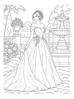 An elegant woman by a fountain featured in this ball gown dress coloring page.