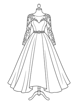 An elegant ball gown dress coloring page displayed on a tailor mannequin stand.