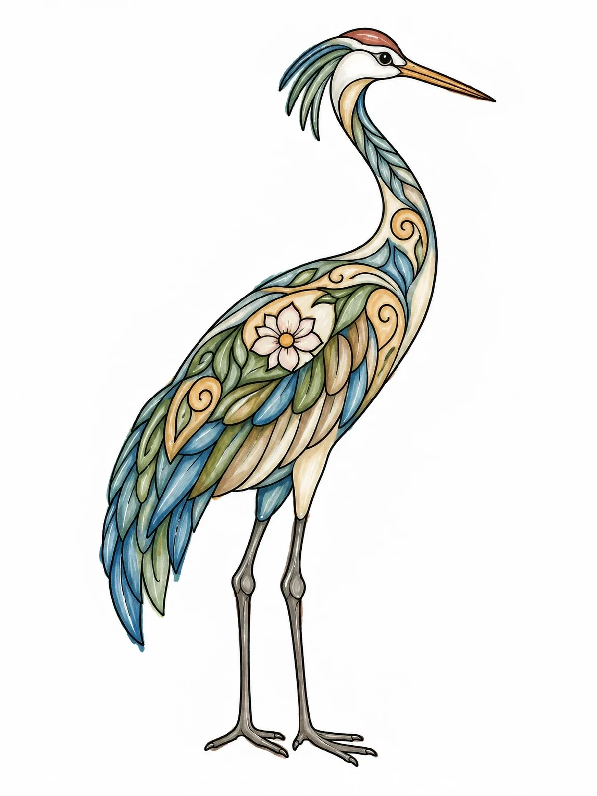 Colored example of the Elegant Crane With Floral Patterns coloring page
