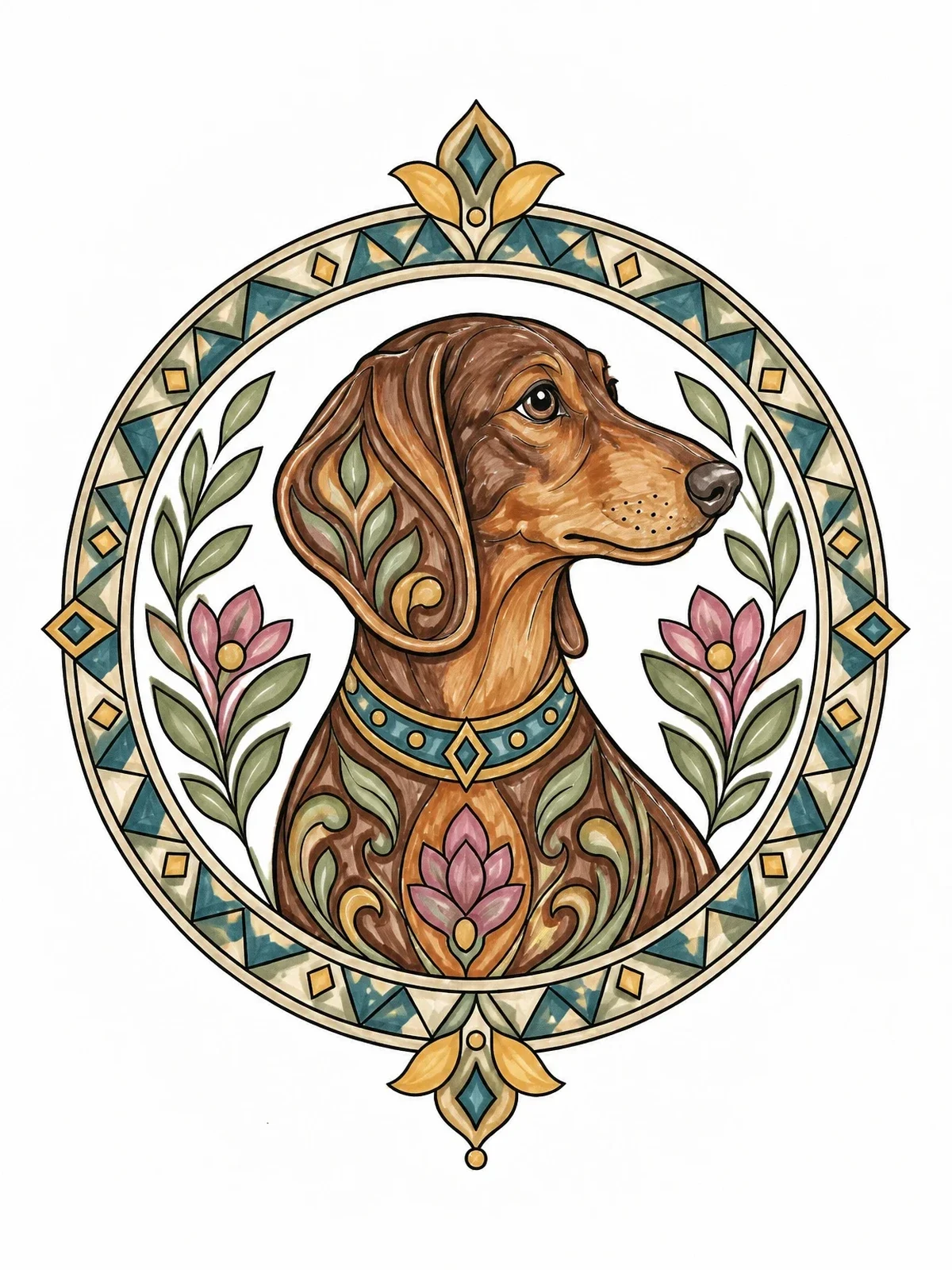 Colored example of the Elegant Dachshund In Ornate Frame coloring page