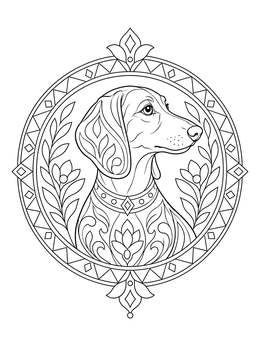 An ornate circular dachshund coloring page featuring an elegant dog portrait with floral patterns.