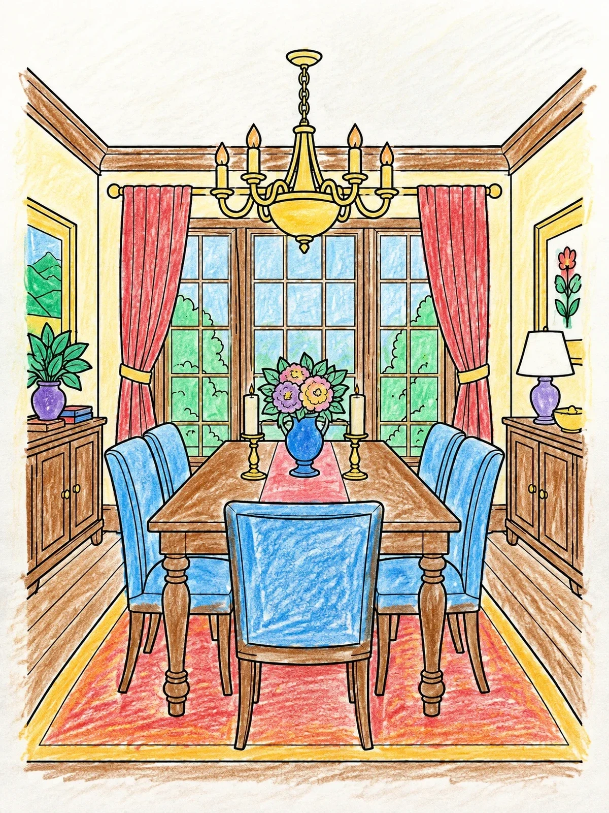 Colored example of the Elegant Dining Room With Chandelier coloring page