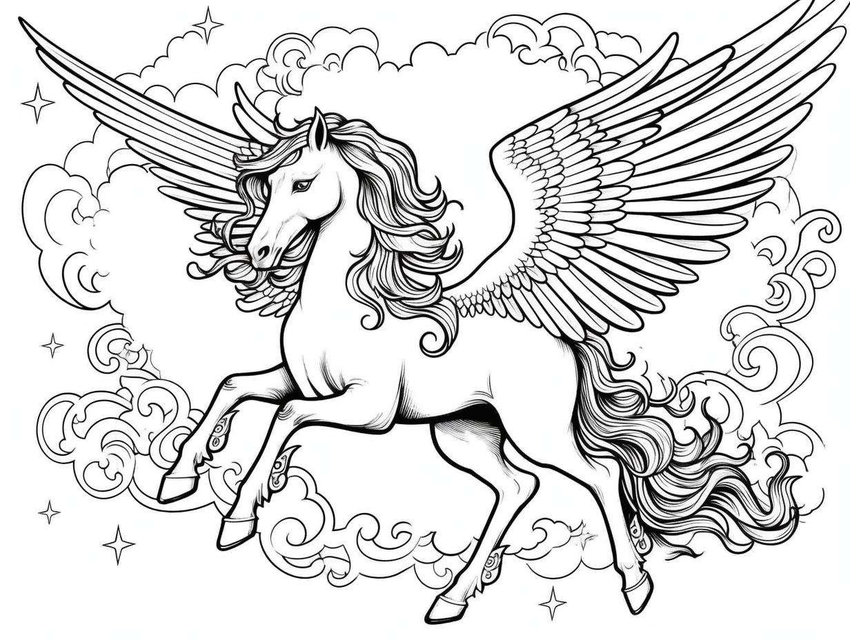 Elegant Flying Unicorn Coloring Page - Coloring Page