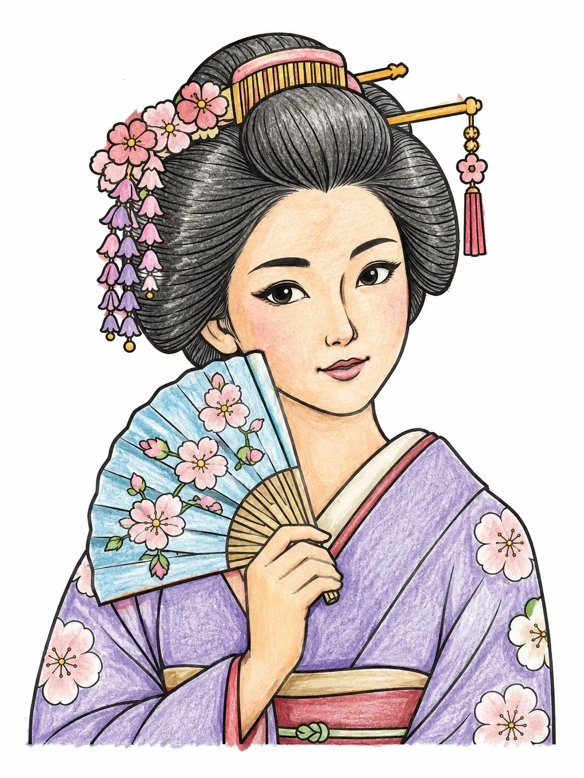 Colored example of the Elegant Geisha With Floral Fan coloring page
