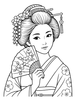 Free printable Elegant Geisha With Floral Fan coloring page