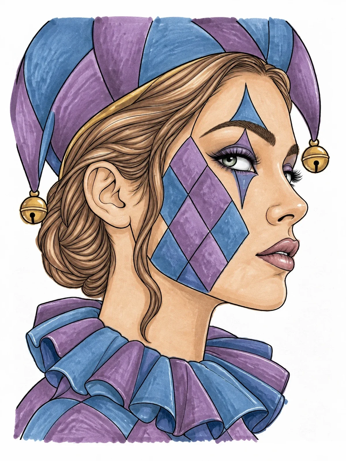 Colored example of the Elegant Harlequin Clown Portrait coloring page