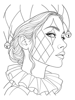 Detailed clown coloring page showing an elegant harlequin woman in profile with diamond face paint.