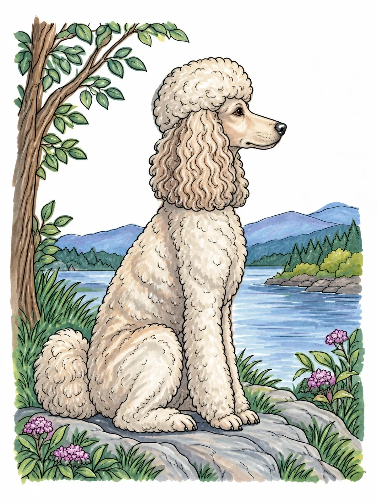 Colored example of the Elegant Poodle By The Mountain Lake coloring page