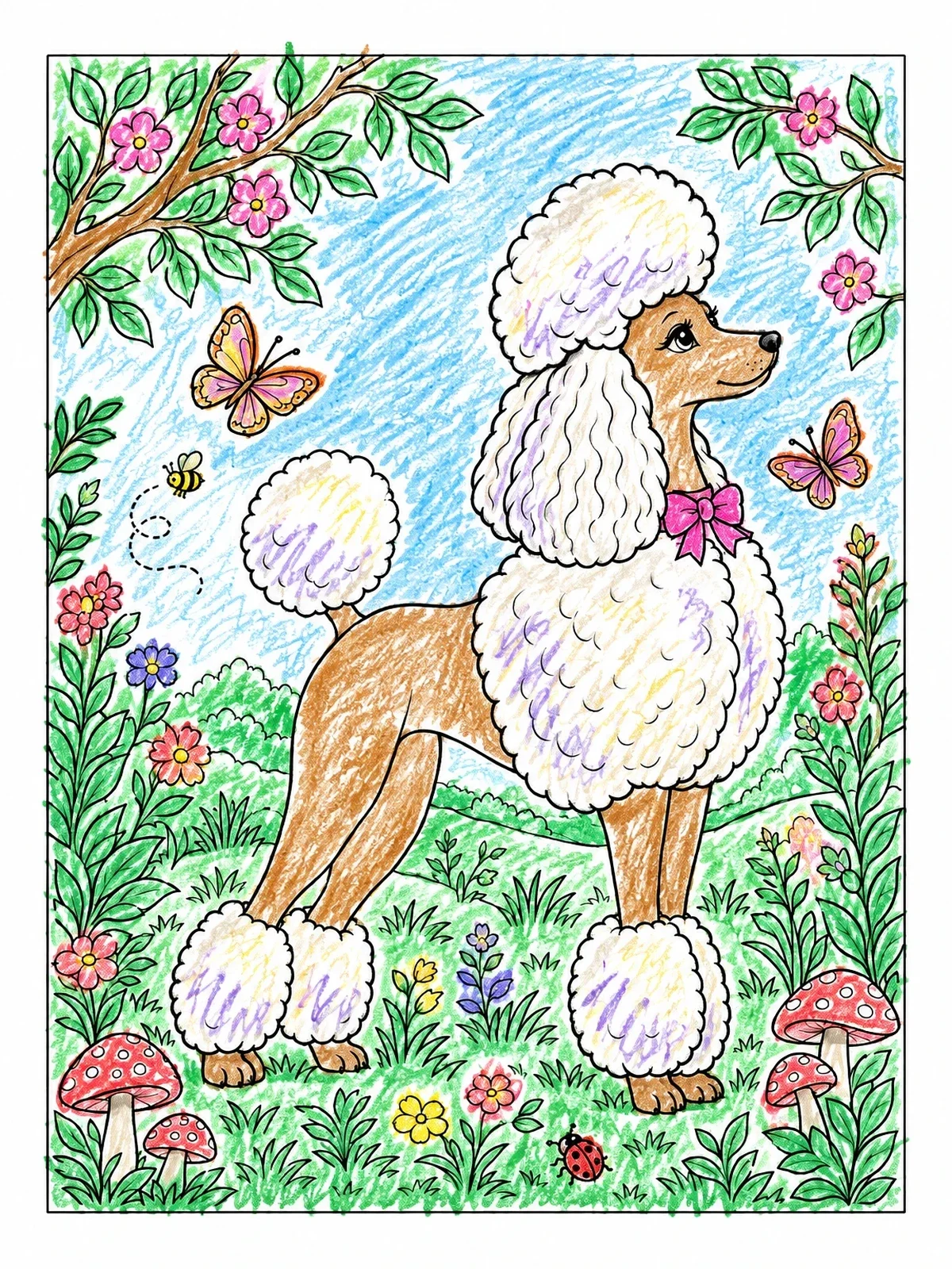 Colored example of the Elegant Poodle In Nature Garden coloring page