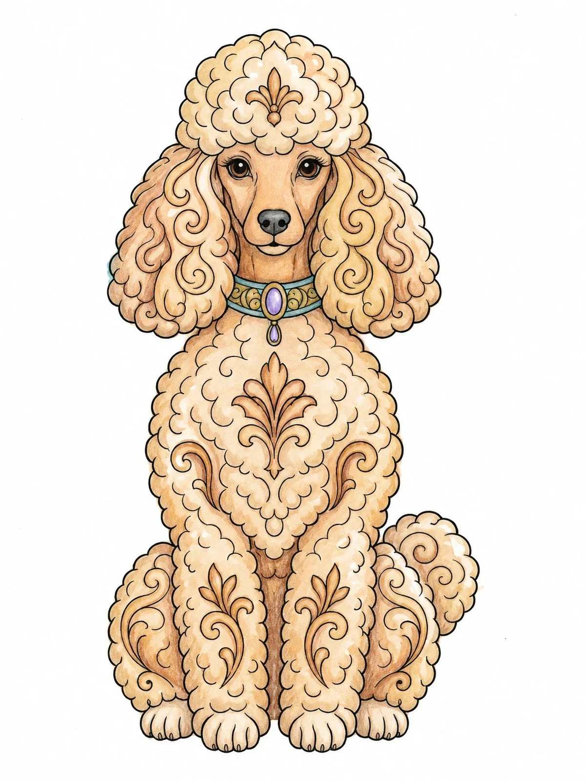 Colored example of the Elegant Poodle With Swirled Curls coloring page
