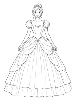 A graceful princess poses in this detailed ball gown dress coloring page.
