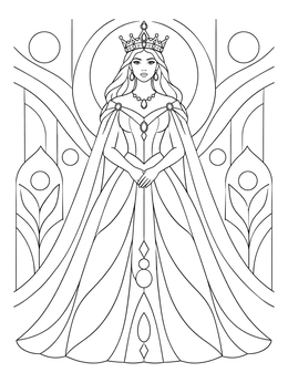 An ornate queen coloring page depicting a regal monarch wearing a tiara and elegant gown.