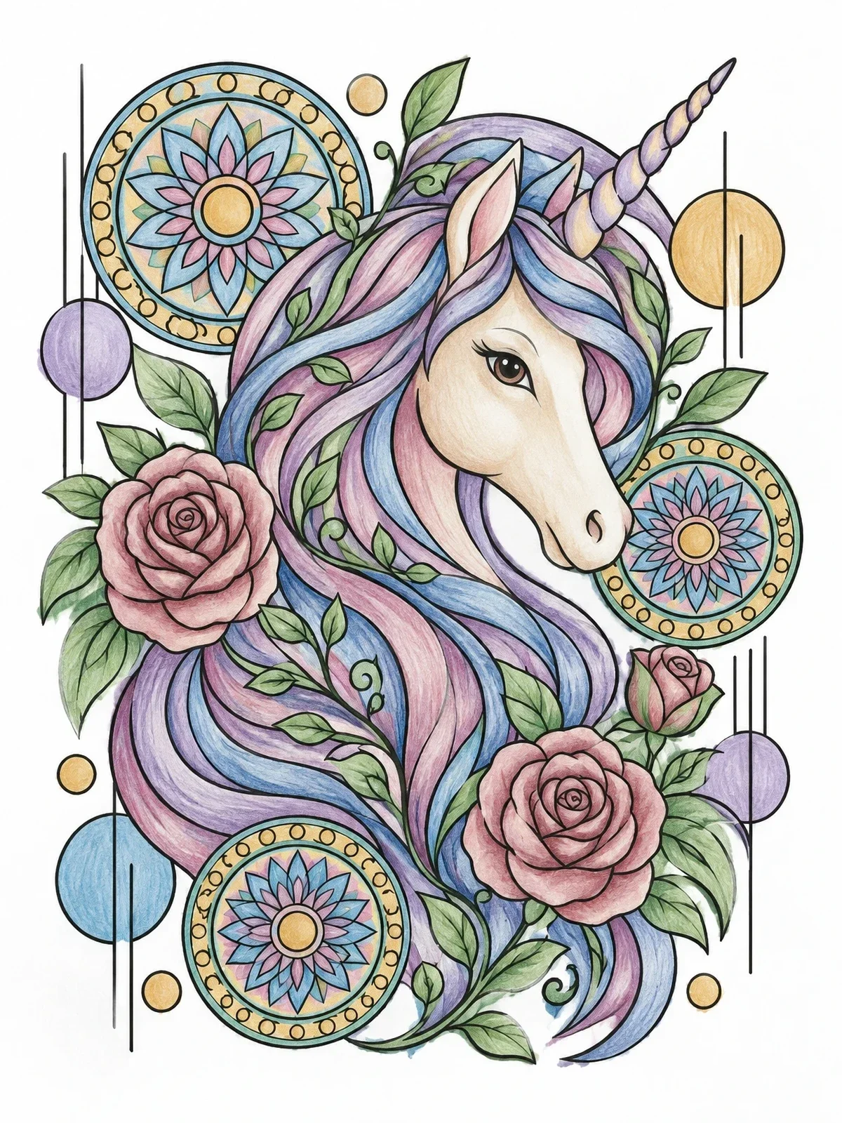 Colored example of the Elegant Unicorn With Mandalas And Roses coloring page